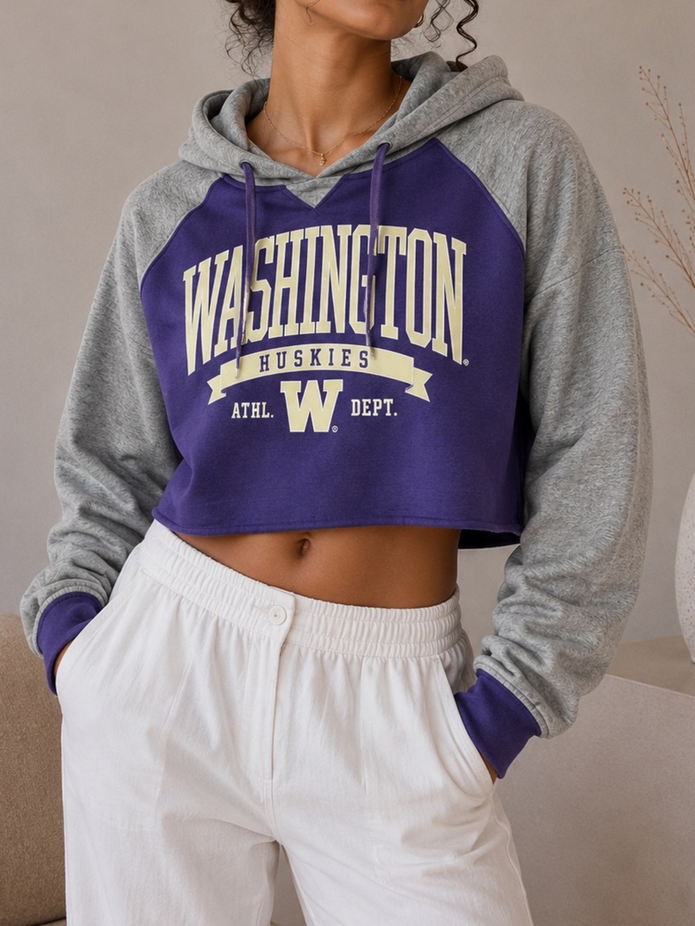 Washington Huskies Cropped Hooded Sweatshirt - Purple & Gray